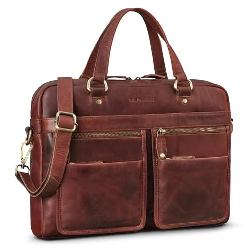 ROYALZ 'San Francisco' Moderne Ledertasche Herren und Damen Echtleder Mittel-Groß - perfekt als schmale Aktentasche Businesstasche Laptop-Tasche 13-14 Zoll, Farbe:Roma Cognac Braun