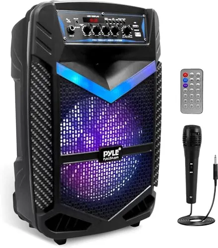 Pyle PA Bluetooth Lautsprecher - Karaoke Maschine mit 600W Leistung - PA Komplettset mit 10'' Subwoofer und LED-Lichtshow für unvergessliche Partys. Tragbar und mit 3600mAh Akku für stundenlangen Musikgenuss, ideal für drinnen und draußen!