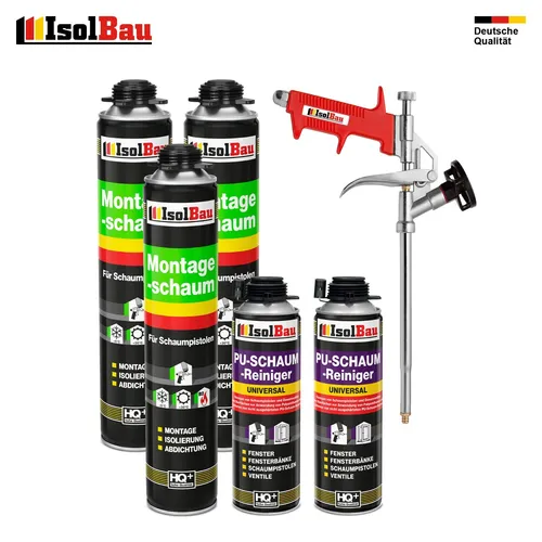 Pistolenschaum Set 3 x 750 ml mit Metall Schaumpistole - Dichtstoffe & Fugenmittel: Komplettset mit 3x PU-Schaum, 2x Reiniger und Metallpistole für schnelle, dichte und beständige Abdichtungen. Ideal für Fenster, Türen und mehr.