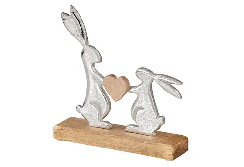 Levandeo® Osterhase, Osterhase Tischdeko Mangoholz Metall Braun Silber Natur Herz Ostern