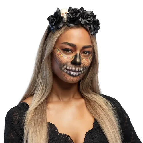 Boland 97007 - Haarreif Dia de los Muertos, flexible Totenkopf Tiara mit Blüten für Faschingskostüme und mexikanische Feiertage