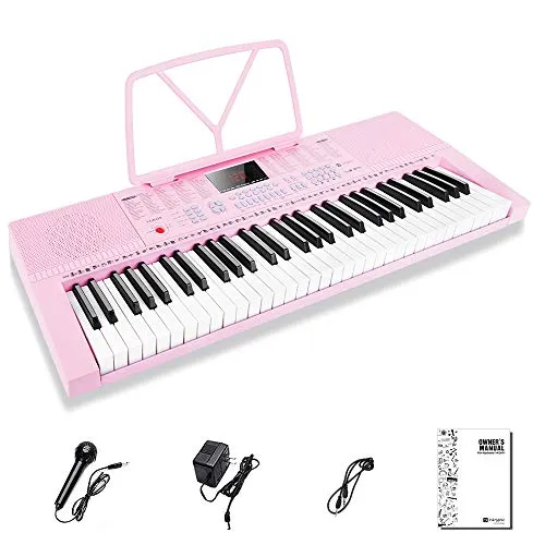 Vangoa Elektronische Klaviertastatur 61 Mini Tasten für Anfänger mit 3 Unterrichtsmodi, Mikrofon, 350 Töne, 350 Rhythmus, 30 Demo-Songs, Rosa