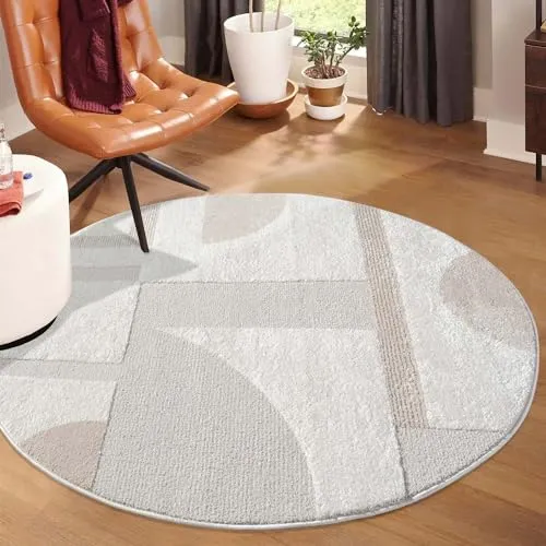 carpet city Kurzflor Teppich Creme - 160 cm Rund - Teppich für Wohnzimmer & Schlafzimmer, mit 3D-Hochtief-Muster für einen modernen Look. Pflegeleicht und vielseitig einsetzbar, ideal für jeden Einrichtungsstil.