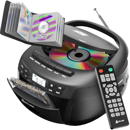 KLIM CD Player mit Kassette mit Etui, Kassettenspieler, Kassettenrekorder, Radio mit CD und Kassette, CD Player mit Radio & USB, Bluetooth CD-Player, AM/FM Radio, Netz- und Batteriebetrieb