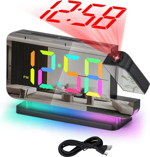OKWISH Wecker LED, RGB Projektionswecker,Wecker mit Farbwechsel, Multifunktionaler Projektionswecker,6 Helligkeitsstufen Einstellbar, für Schlafzimmer