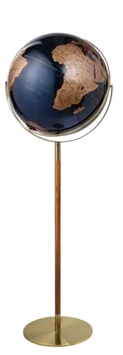 TROIKA Standglobus beleuchtet dimmbar 43 cm Durchmesser und 132 cm Höhe APOLLO LIGHT FLEX mit zwei bewegliche Achsen auf antikgoldenem gebürsteten Metallfuß mit Holzgestelll bronzefarben, dunkelblau