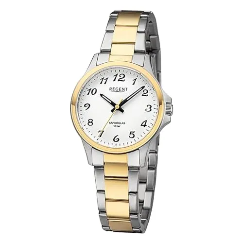 REGENT Damenuhr Bicolor 32mm mit Saphirglas - Elegante Armbanduhr für Damen mit Edelstahlgehäuse in Bicolor, flachem Saphirglas und 10 bar Druckfestigkeit – ideal für stilbewusste Frauen.
