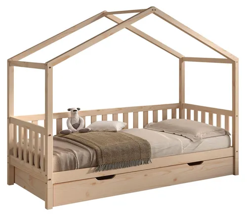 Hausbett Kapua 90x200 mit Bettschublade aus massivem Kiefernholz - Modernes Hausbett mit 90 x 200 cm Liegefläche und praktischer Bettschublade. Ideal als Tagesbett oder Gästebett, stabil verarbeitet und mit natürlicher Optik.