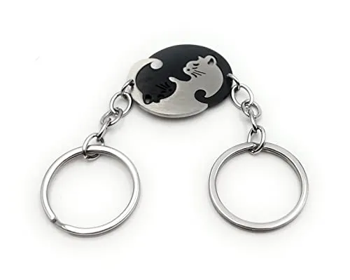 H-Customs Partneranhänger schwarz silber Katze rund Liebe Schlüsselanhänger Anhänger silber
