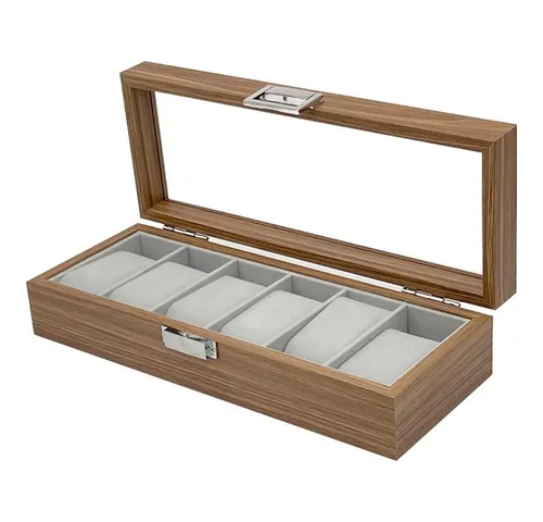 mixed24 Schmuckkasten Holz - Uhrenbox für 6 Uhren mit Echtglasdeckel - Schmuckkästen aus Holz, ideal zur stilvollen Aufbewahrung und Präsentation Ihrer Uhren. Schützt vor Schmutz und Staub, perfekt für Sammler und Uhrengeschäfte.