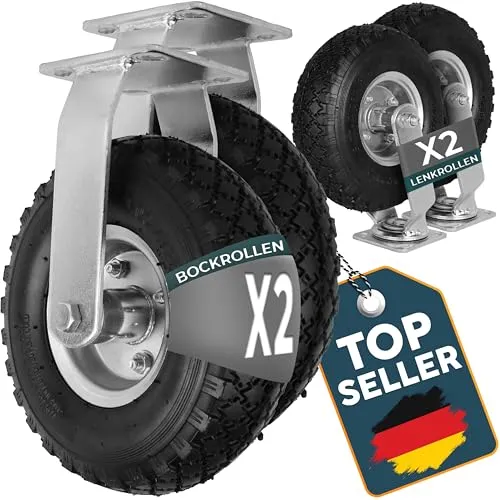 Frosal Bockrolle + 2 x Lenkrolle Set Ø 260 x 85 mm - Industrierollen mit Platte: 4-tlg. Set mit Luft-Rad und silberner Stahlfelge, ideal für den Eigenbau von Bollerwagen und Transportwagen, Tragkraft bis 120 KG.
