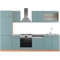 Vicco Küchenzeile R-Line, Blau-Grau/Goldkraft Eiche, 300 cm mit Marmor-Arbeitsplatte - Küchenzeile in modernem Design mit ergonomischen, höhenverstellbaren Füßen für ein angenehmes Kocherlebnis. Ideal für gemütliche Küchen. Komplettlösung mit modularen Erweiterungsmöglichkeiten.