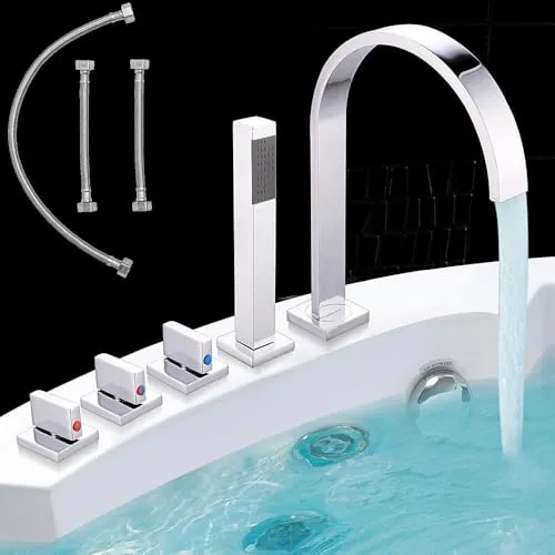 Melko 5-Loch Fliesenrandarmatur für Badewannen mit Handbrause - Badewannenarmatur mit Wasserfall-Funktion und langlebiger Keramik-Kartusche, ideal für modernes Bad-Design.