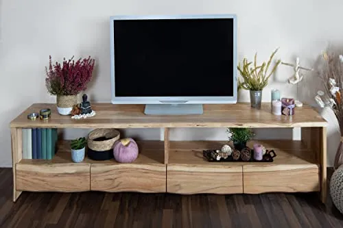 SAM Lowboard Dahlia II, Akazienholz massiv & naturfarben, TV-Schrank mit 4 Schubladen & offenem Fach, TV-Board mit echter Baumkante, 190 x 45 x 50 cm