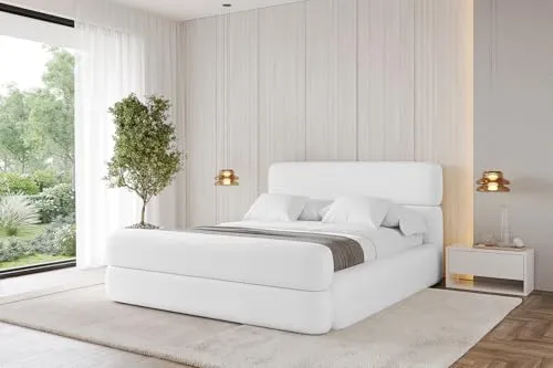 ALTDECOR Polsterbett mit Bettkasten und Lattenrost, Bett mit Matratze H3/H4, Kopfteil, Boxbett, Doppelbett mit Stauraum - Enora-Z - 160x200 Weiß Kunstleder