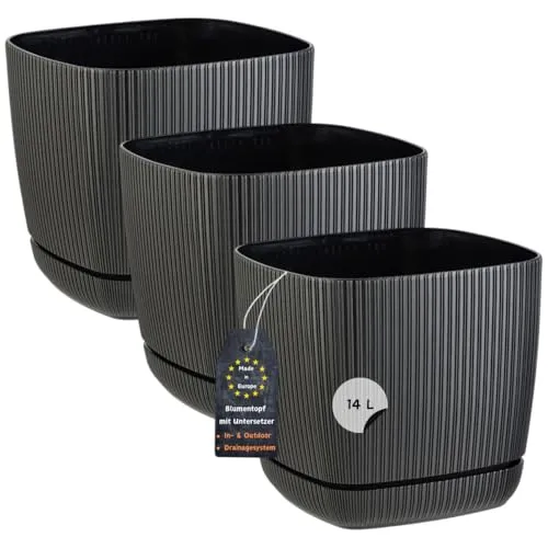 Engelland - 3 x Blumentopf mit Drainagesystem, Untersetzer, Farbe: Schwarz, Rillenoptik, Pflanz-Topf, Kübel, modern, Kunststoff, quadratisch, 28 x 28 cm, 14 Liter