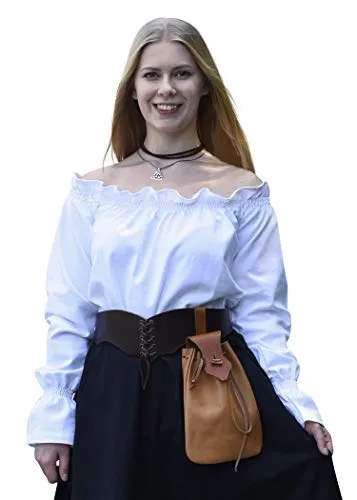 Battle-Merchant Mittelalter Langarm Carmenbluse für Damen - Damenblusen, schulterfreie Baumwollbluse mit femininen Rüschen und idealem Sitz für Kostüme oder den Alltag.