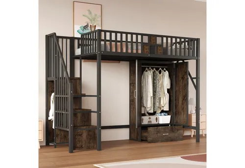 Stilvora Hochbett Schwarz, 90x200 cm, Kinderzimmer-Möbel - Ideal für kompakte Jugendzimmer: Das Hochbett nutzt die Raumhöhe optimal und bietet zusätzlichen Stauraum. Mit stabiler Metallkonstruktion und integriertem Kleiderschrank für Ordnung und Funktionalität.