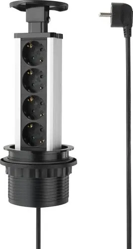 Sygonix SY-4737792 Steckdosenturm Schwarz, Silber - Praktischer Stromverteiler mit vier Steckplätzen, versenkbar in der Tischplatte. Ideal für flexibles Arbeiten und einfaches Zugreifen auf Stromanschlüsse bei Bedarf.