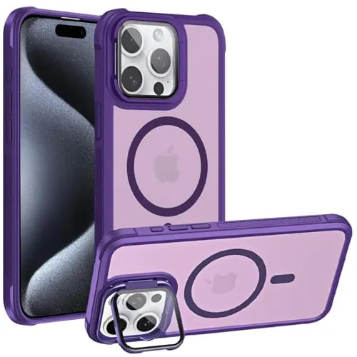 Verco Schutzhülle für iPhone 15 Pro Hülle Magnetisch, Hybrid Case mit klappbaren Kameraschutz kompatibel mit MagSafe Handyhülle durchscheinend Matt lila