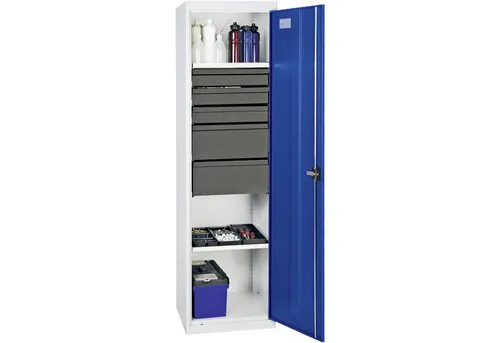 Werkzeug-Beistellschrank H1800xB500xT500mm mit 5 Schubladen - Robuster Stahlblechkonstruktion in lichtgrau/enzianblau, ideal für die gewerbliche Lagerung. Ausgestattet mit höhenverstellbaren Fachböden und abschließbaren Türen für sicheren Stauraum.