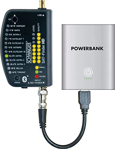 Schwaiger SF9003BTAKKU - Digitaler Satfinder HD mit Bluetooth und App, für schnelle Ausrichtung von bis zu 12 Satelliten, inkl. Powerbank und spritzwassergeschützt