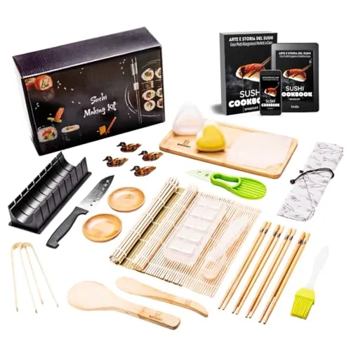 Brodevet Sushi Set Neuheit 2026, 29-teilig mit PRAKTISCHEM GUIDE, Kochbuch & Rezeptbuch, Professioneller Sushi Maker Set für Anfänger, mit Bambusmatte, Essstäbchen und Onigiri Form