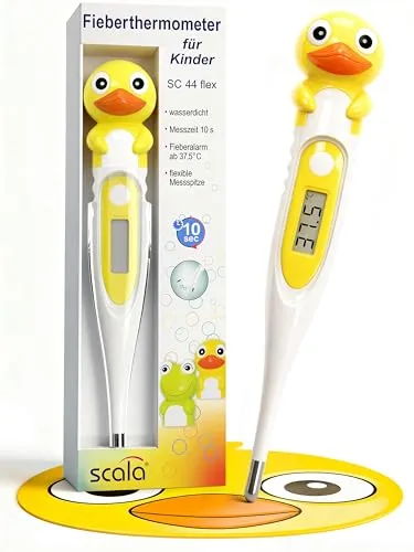 scala SC 44 flex Digitales Fieberthermometer Baby & Kinder – 10 Sek. Messzeit, flexible Spitze, Fieberalarm, wasserdicht – oral, rektal & axillar – Ente Motiv
