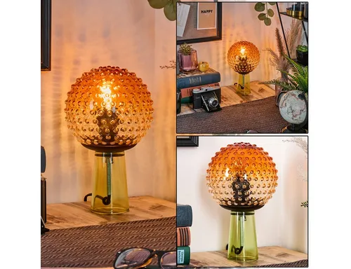 hofstein Tischleuchte im Retro-Design aus Glas und Metall in Grün und Bernsteinfarben - Stylische Tischleuchte für den Innenbereich, ideal für Wohnzimmer oder Arbeitszimmer. Mit einem eleganten Glasschirm und einem stabilen Fuß bringt sie vintage Flair in Ihr Zuhause.