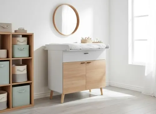 Arthur Berndt Wickelkommode Lovis, Lichtgrau, Nagano Oak, 95x93x52 cm, Abnehmbarer Wickelaufsatz, Soft-Close Schublade, 2 Türen mit Einlegeboden (Wickelhöhe 88 cm)