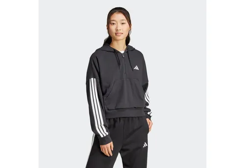 adidas Damen Essentials 3-Stripes Hoodie, Black/White, XL - Sweatshirt in lässigem Schnitt, aus 70 % recycelten Materialien, mit Kängurutasche und verstellbarer Kapuze - ideal für nachhaltigen Style und Komfort.
