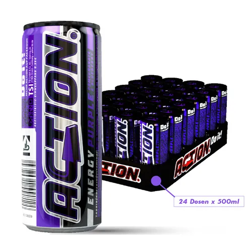 ACTION Energy Drink 500 ml - Purple, 24 Dosen - Erfrischender Energy Drink in lila Dose, ideal für einen schnellen Energieschub und lange Nächte. Perfekt für Sport und Freizeit!