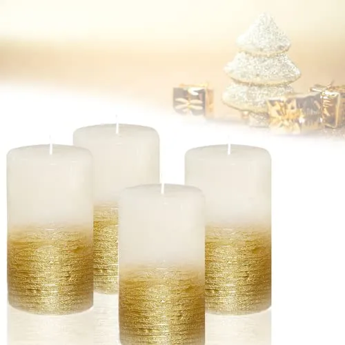 Candelo 4er Set Kerzen Ambiente Rustic Stumpenkerzen - Weiß Metallic Gold - Kerze 12cm - lange Brenndauer ca. 54 Std Weihnachtskerzen Adventskranz