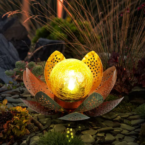 LED Solar Garten Leuchte gold Balkon Deko Lotosblume Crackle Glas Lampe amber