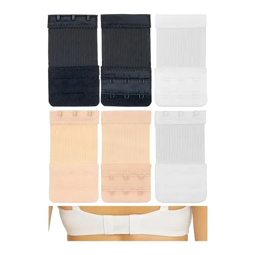 Bequeme BH Erweiterung, 6 Stück, Größe L mit Farbe Schwarz, Weiss und Beige, 3er Haken Reihe, BH Verlängerer, Büsten Verschluss Verlängerung, Bra Extender, Hakenverlängerer Schwangerschaft