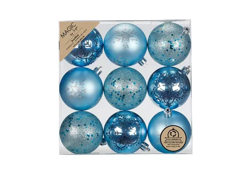 MAGIC by Inge Weihnachtsbaumkugel, Weihnachtskugeln Kunststoff 6cm mit Glitzer 9er Set - Aqua Blue