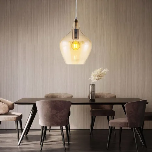 Hängeleuchte Wohnzimmer Modern mit amberfarbenem Glasschirm - Moderne Pendelleuchte aus Metall und Glas, höhenverstellbar und ideal für Ess- oder Wohnzimmer. Mit warmweißem Licht und 810 Lumen sorgt sie für eine gemütliche Atmosphäre.