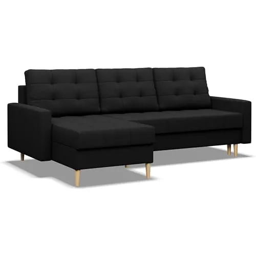 Ecksofa mit Schlaffunktion in Schwarz – Flexibles Design - Ecksofa mit Schlaffunktion, ideal für Wohnzimmer oder Büro, bietet zusätzlichen Stauraum im Bettkasten und passt sich flexibel an jeden Raum an.