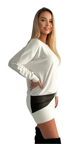 Mississhop 95-31 Damen Minikleid festlich Glitzer Kleid Pulli Tunika Creme XL