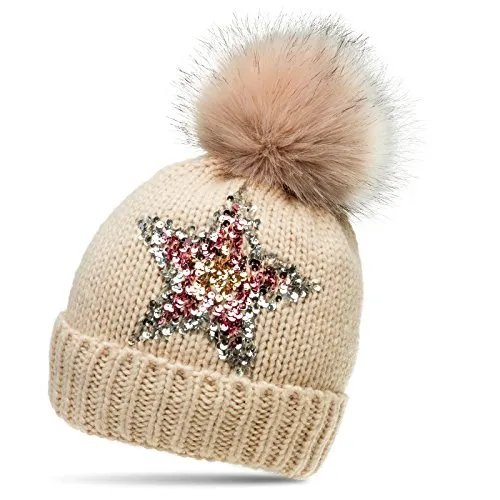 Caspar MU161 Damen Strick Winter Mütze mit Pailletten Stern und großem Fellbommel, Farbe:beige, Größe:One Size