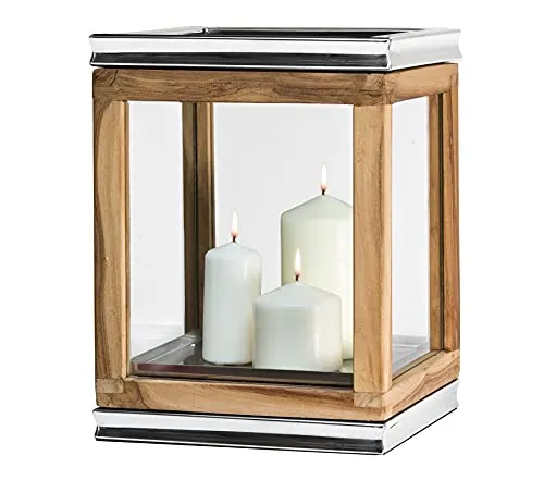EDZARD Laterne Dubai, Windlicht aus Teakholz und Edelstahl - Hochwertige Gartenlaterne für romantische Abende, windgeschützt und vielseitig einsetzbar - ideal für kreative Deko-Elemente.