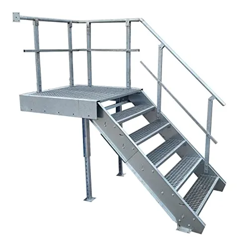 Podesttreppe 5 Stufen mit Geländer - Stahltreppe für sichere Höhenzugänge - Trittstufen: Robuste Stahltreppe mit 5 Stufen und Geländer, ideal für Geschosshöhen von 90-120 cm, bietet Sicherheit und Stabilität.