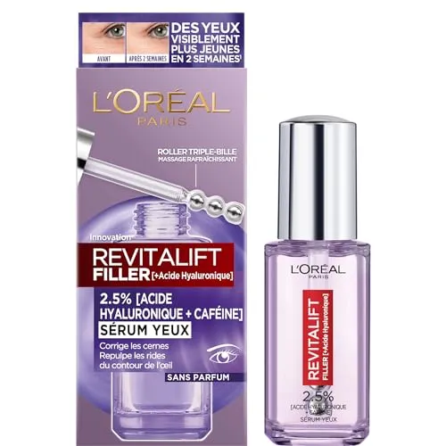 L'Oréal Paris - Augenkontur-Serum – Anti-Falten, Anti-Socken & Augenringe – mit reiner Hyaluronsäure und Koffein – innovativer Triple-Billeraufsatz – Revitalift Filler – 20 ml