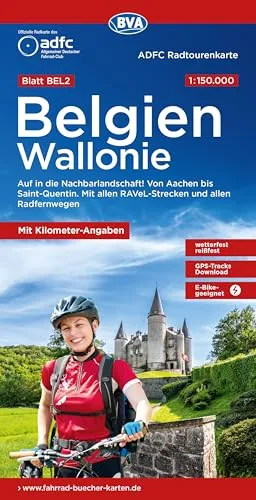 BVA ADFC Radtourenkarte Belgien Wallonie 1:150.000: reiß- und wetterfest, E-Bike geeignet, GPS-Tracks Download, mit Kilometer-Angaben, auf in die ... allen RAVeL-Strecken und allen Radfernwegen.