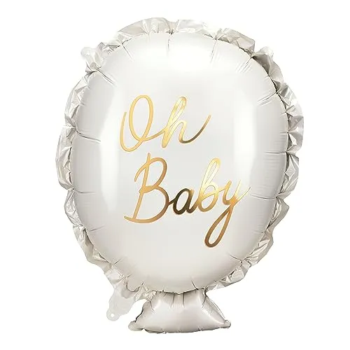 Folienballon mit Oh Baby Schrift 37x53cm - Ballon für Helium oder Luft - Luftballon für Baby Shower Babyparty Junge Mädchen - Folienluftballon als Geschenk zur Geburt - Weiß Gold