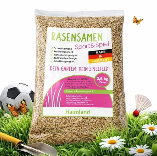 halmland Premium Rasensamen Sport & Spiel 2,5kg - Hochwertiger Sport- und Spielrasen (2,5 kg, 100m²) für schnelle Regeneration und Dichte. Ideal für Neuansaaten, keimt in 8-10 Tagen und bietet strapazierfähigen, pflegeleichten Rasen für aktive Nutzung.
