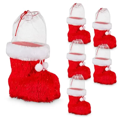 Idena 90393 - Nikolausstiefel ca. 14 x 8 x 13,5 cm, 6 Stück Weihnachtsstiefel mit Filzbezug und Fellbesatz, als Weihnachtsdekoration oder Geschenkverpackung, Rot