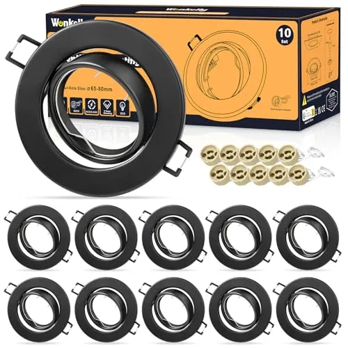 Wonkelly LED Einbaustrahler GU10 Set,(inkl. Fassung), Spot 230V, Lochdurchmesser 68mm, Einbaurahmen In Rund, Schwarz-Gebürstet, 30° Schwenkbar, Einbauspots aus Metall, für Einbaubeleuchtung(10 Stück)