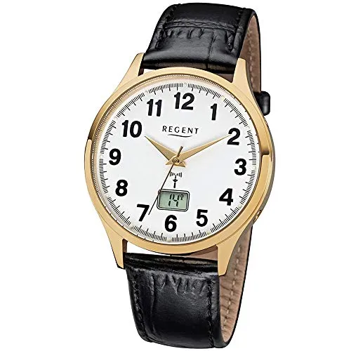 Regent Herren Analog-Digital Quarz Uhr 11030152 - Armbanduhren für Herren mit elegantem gold-schwarz-weißen Design, wasserdicht bis 5 bar und ideal für den täglichen Gebrauch.