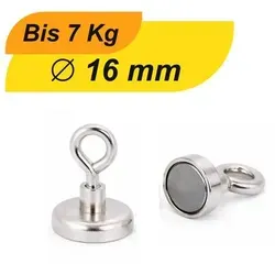 Neodym Topfmagnet mit Öse Ø16 mm M4 – Hohe Haltekraft für vielseitige Anwendungen - Kompakter Neodym-Topfmagnet mit Ringöse für eine Haltekraft von ca. 7 kg. Ideal zum Aufhängen und Sichern von Gegenständen in Werkstatt und Haushalt. Robustes Design mit Korrosionsschutz für langfristige Nutzung.
